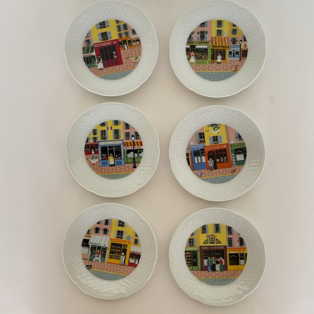 Limoges France set of Philippe Deshoulières Merchants Row Cocktail Plates NWT